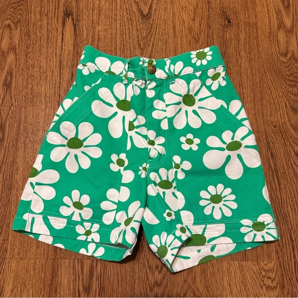 Big Bud Press Green Floral Work Pants Fun Bright Retro Shorts Size XXS - Picture 8 of 8